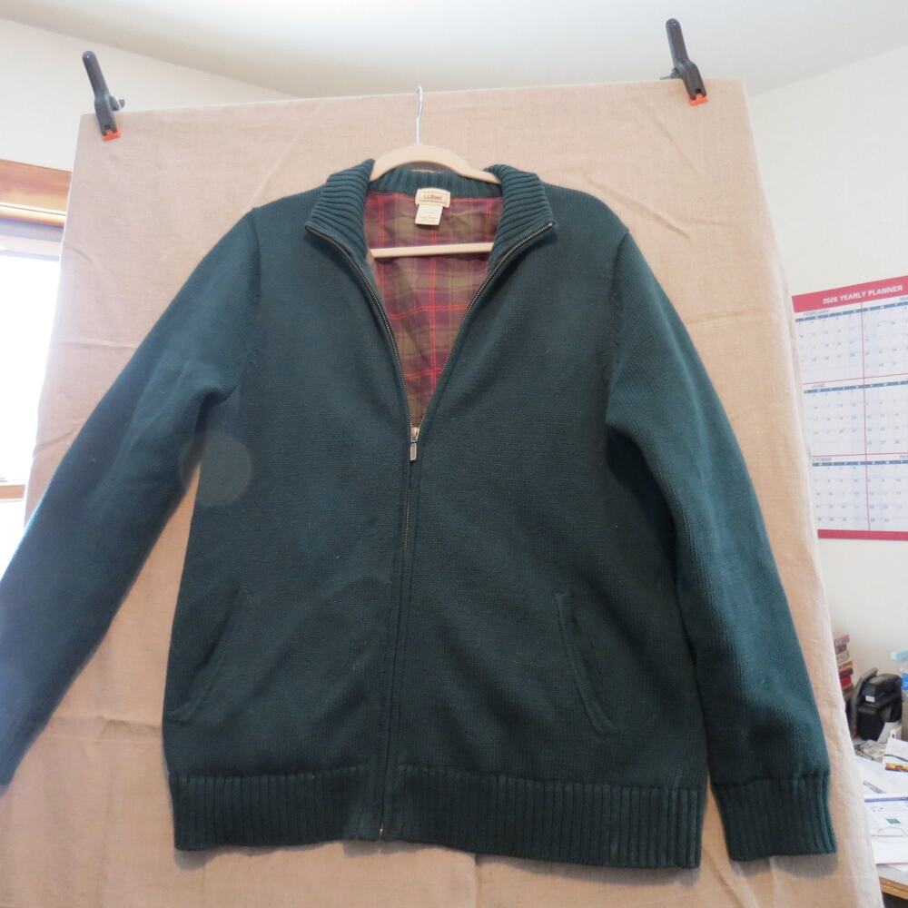 L.L.Bean Forest Green Cotton Zip Sweater Plaid Flannel Lined Size L Mens